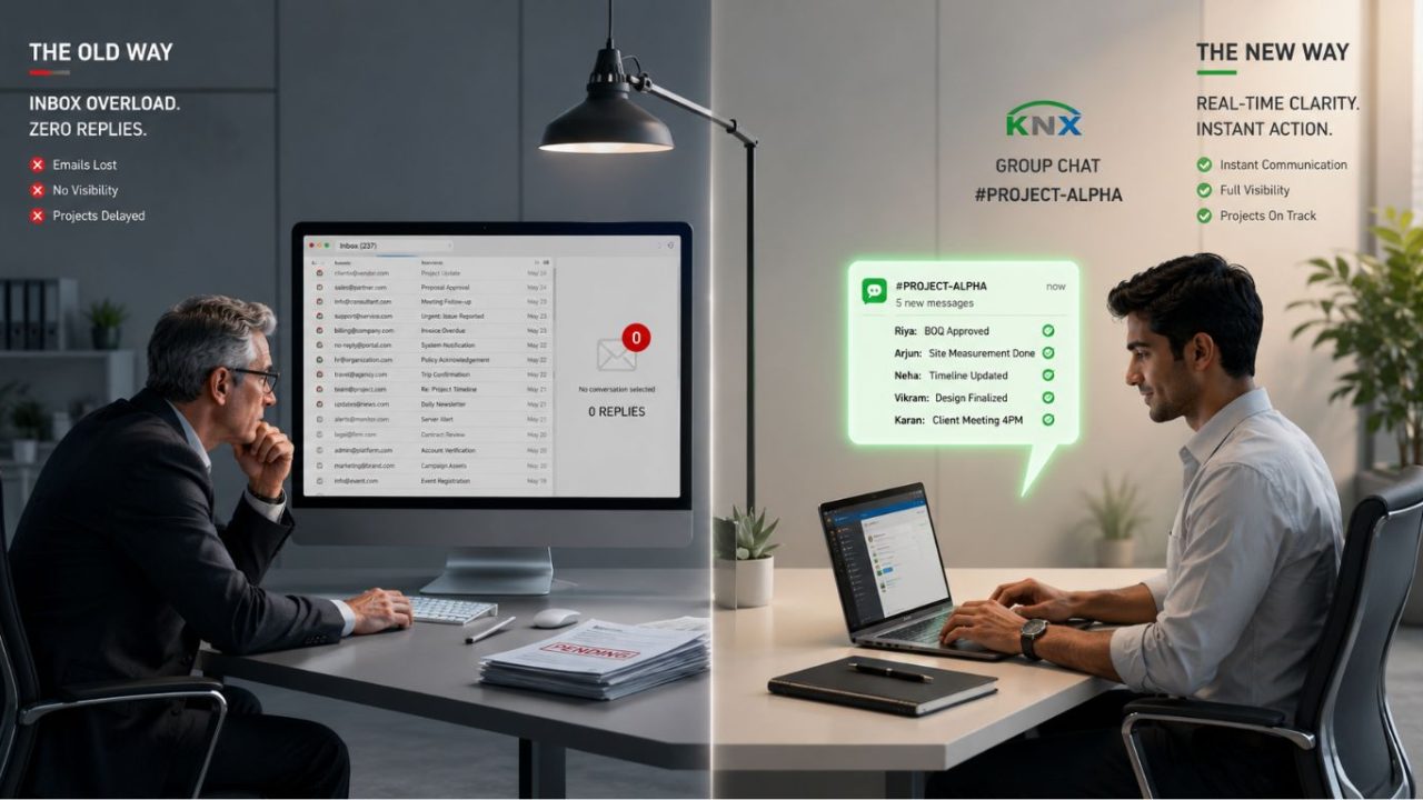 An illustration displaying a corporate desk divided by different messaging habits, capturing the evolution of modern workplace communication.