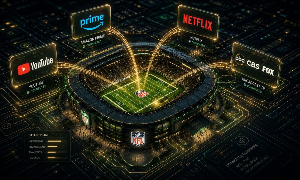 A 3D visualization representing the NFL media rights business model as a central operating system for global media and tech giants.