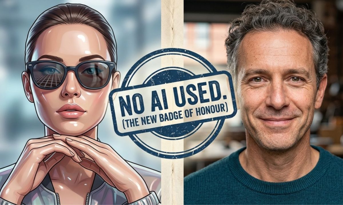 Split-screen comparison image contrasting flawed human realism with perfect AI, featuring a prominent 'No AI Used' badge for a digital marketing news.