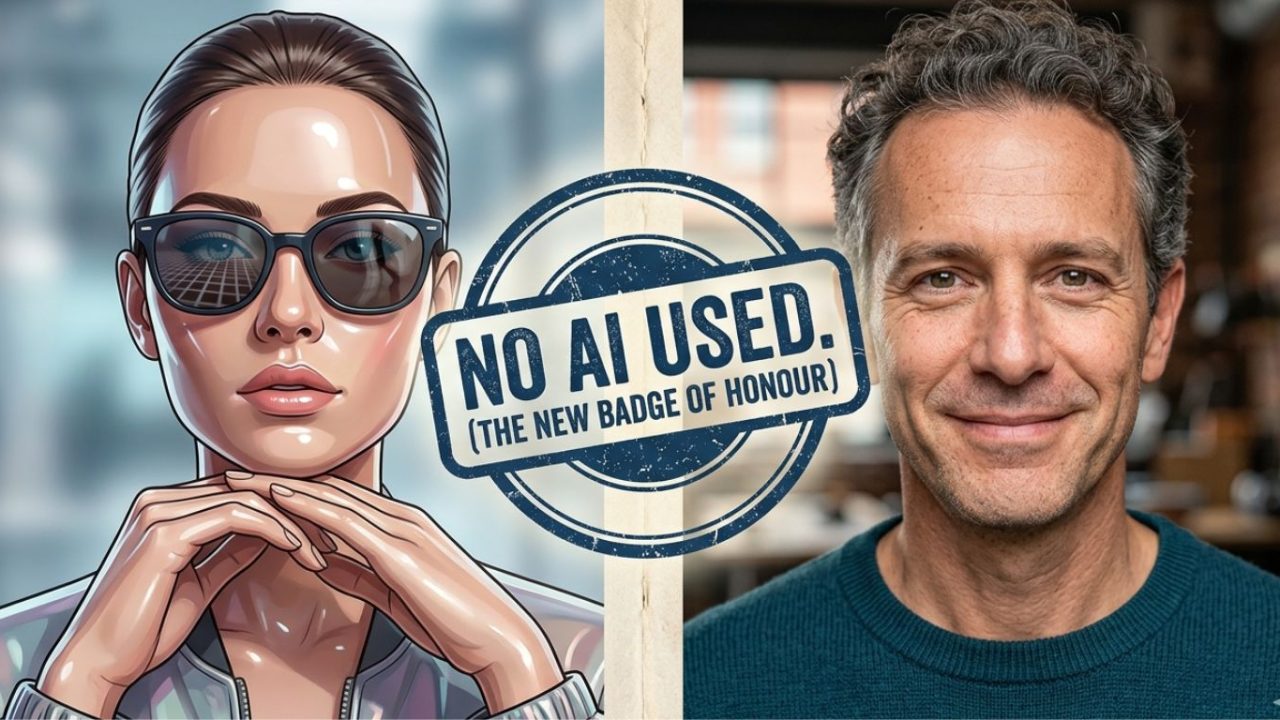 Split-screen comparison image contrasting flawed human realism with perfect AI, featuring a prominent 'No AI Used' badge for a digital marketing news.