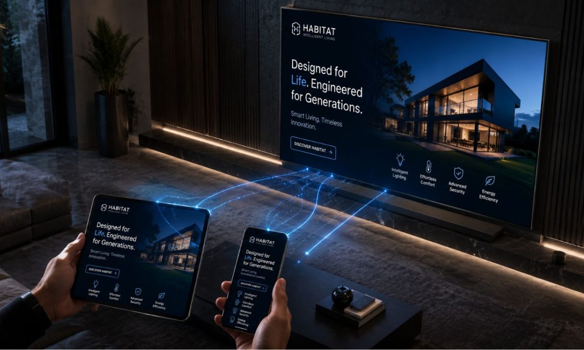 An isometric 3D visualization of a multi-screen household ecosystem, illustrating modern connected tv advertising trends.