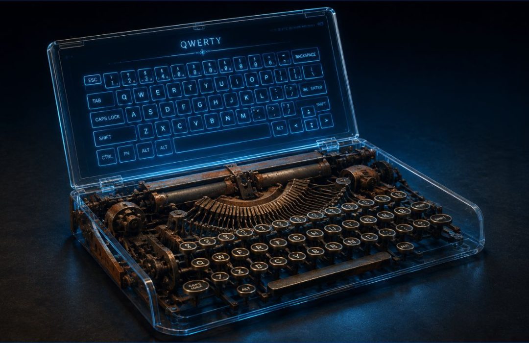 A 3D conceptual image showing the 1870s typewriter mechanics inside a modern laptop, illustrating the ultimate UX scam.