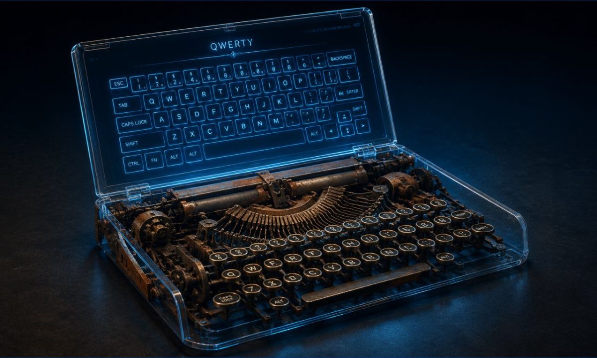 A 3D conceptual image showing the 1870s typewriter mechanics inside a modern laptop, illustrating the ultimate UX scam.