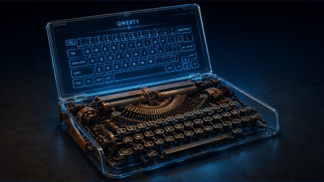 A 3D conceptual image showing the 1870s typewriter mechanics inside a modern laptop, illustrating the ultimate UX scam.