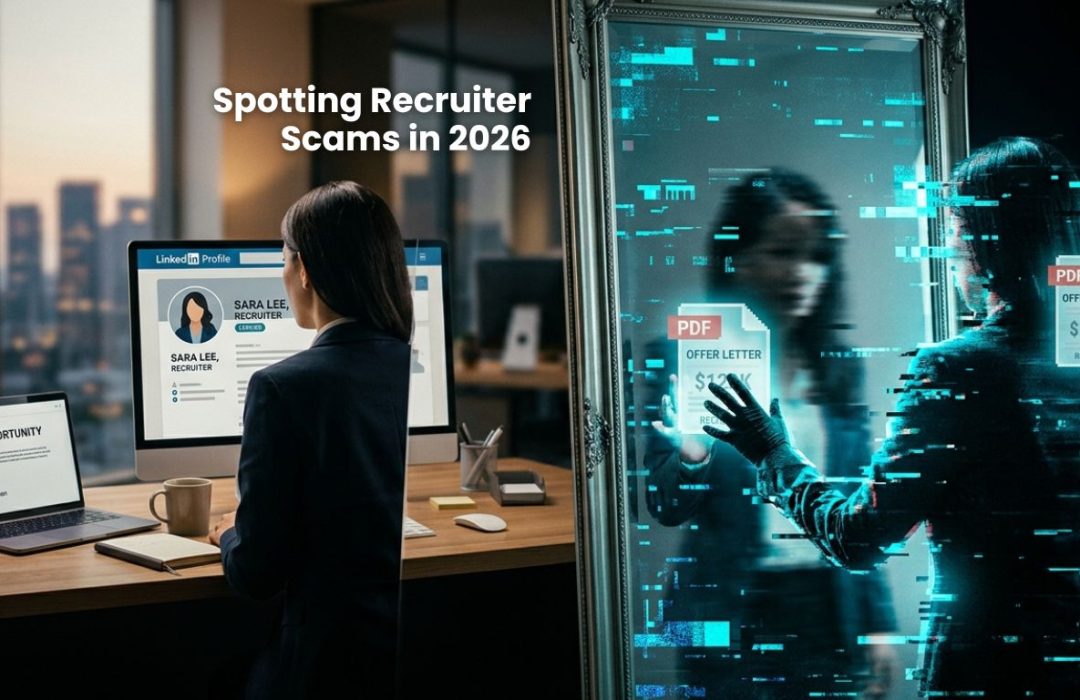 A cinematic image of a recruiter's reflection appearing as a digital glitch, representing how recruiter scams impersonate real professionals to gain trust.