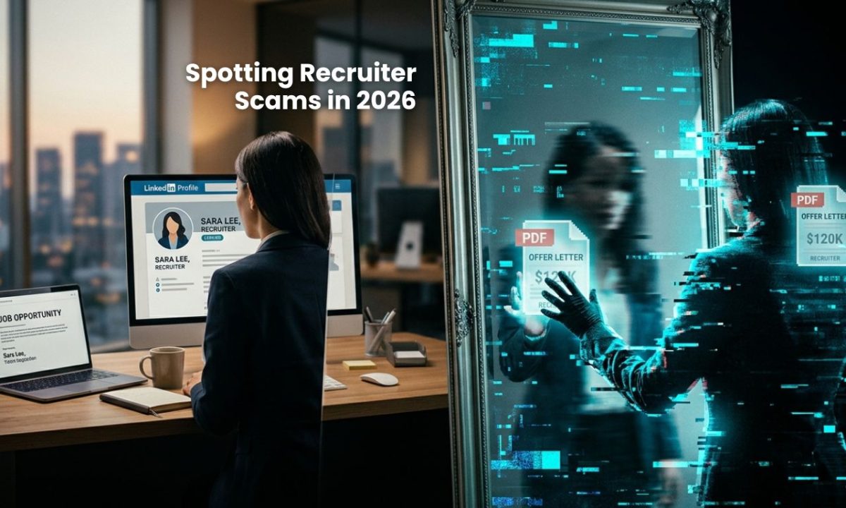 A cinematic image of a recruiter's reflection appearing as a digital glitch, representing how recruiter scams impersonate real professionals to gain trust.
