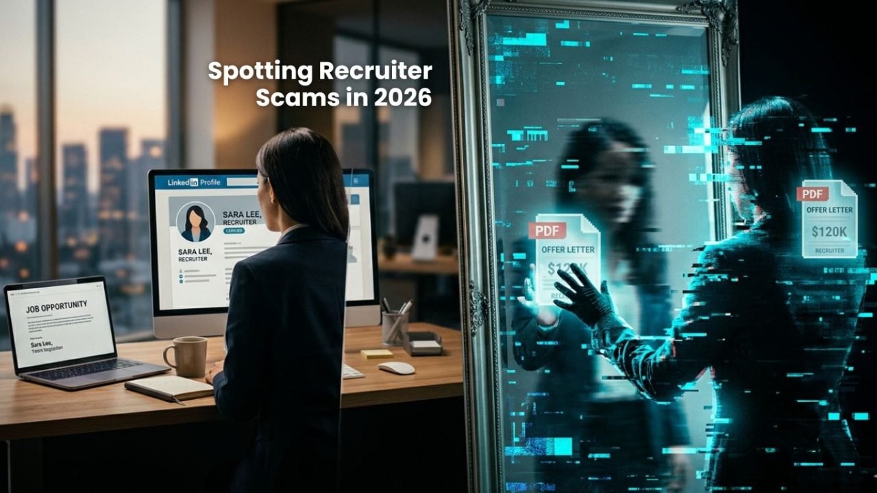 A cinematic image of a recruiter's reflection appearing as a digital glitch, representing how recruiter scams impersonate real professionals to gain trust.