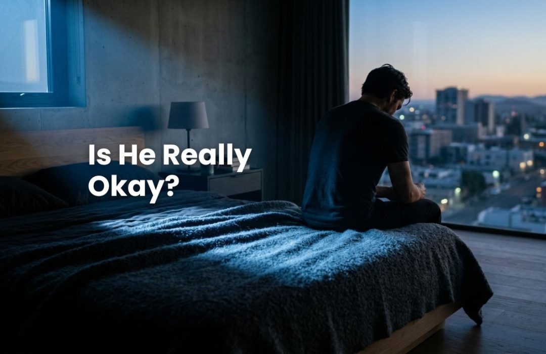 A cinematic shot of a man sitting alone at dawn, representing the silent struggle of men and the internal weight of emotional suppression.
