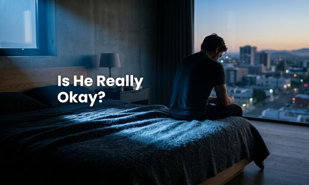 A cinematic shot of a man sitting alone at dawn, representing the silent struggle of men and the internal weight of emotional suppression.