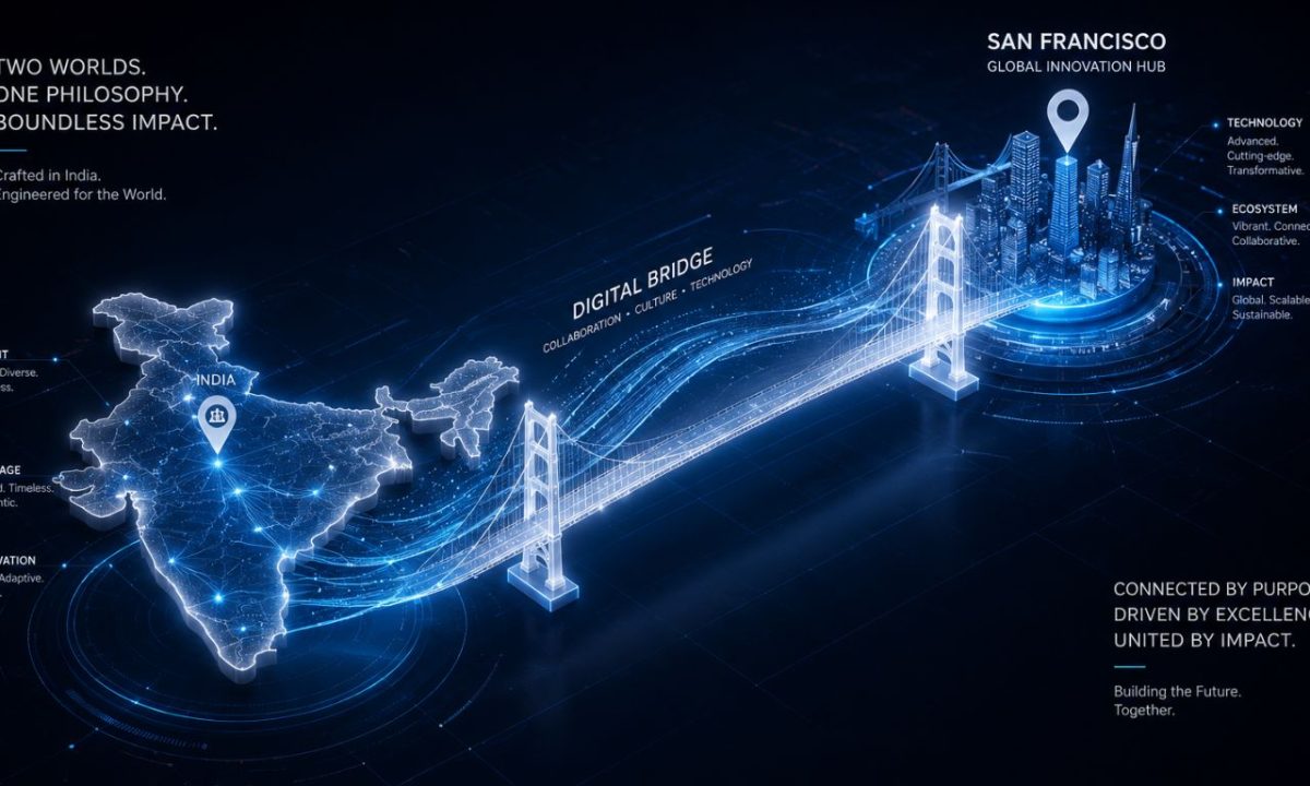 A 3D visualization showing the strategic link between Indian talent and the Silicon Valley AI ecosystem in 2026.