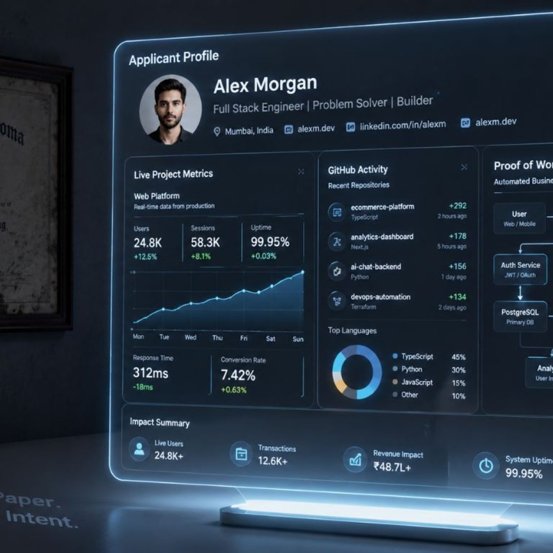 A holographic professional dashboard showcasing a digital portfolio, illustrating the corporate shift toward skills-first hiring.