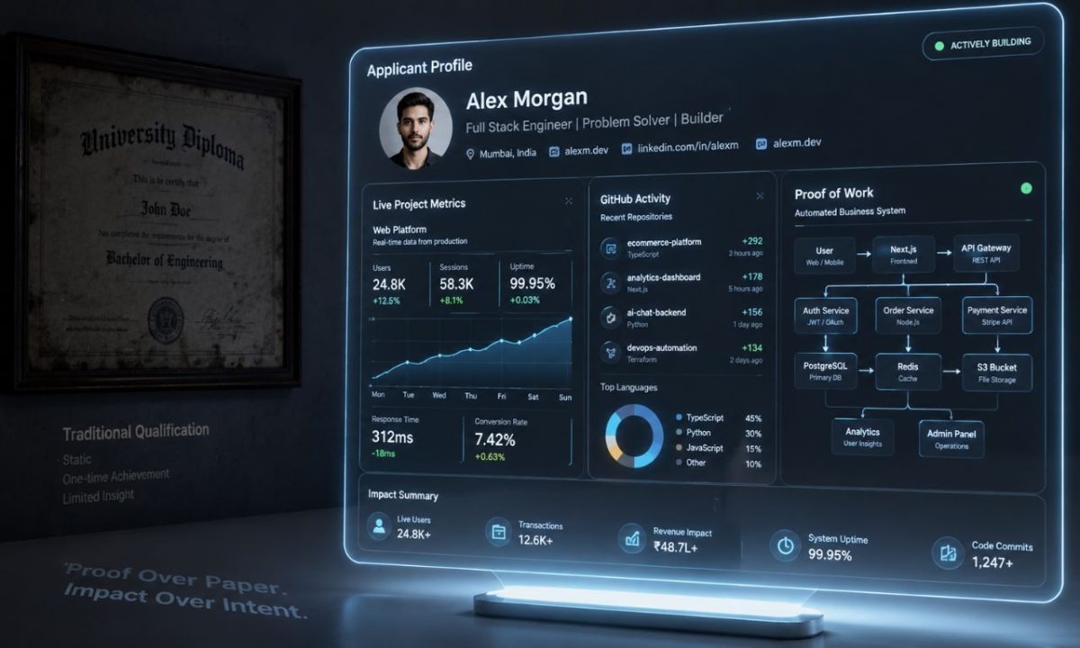 A holographic professional dashboard showcasing a digital portfolio, illustrating the corporate shift toward skills-first hiring.