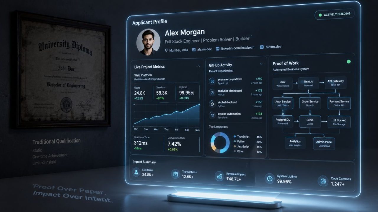 A holographic professional dashboard showcasing a digital portfolio, illustrating the corporate shift toward skills-first hiring.