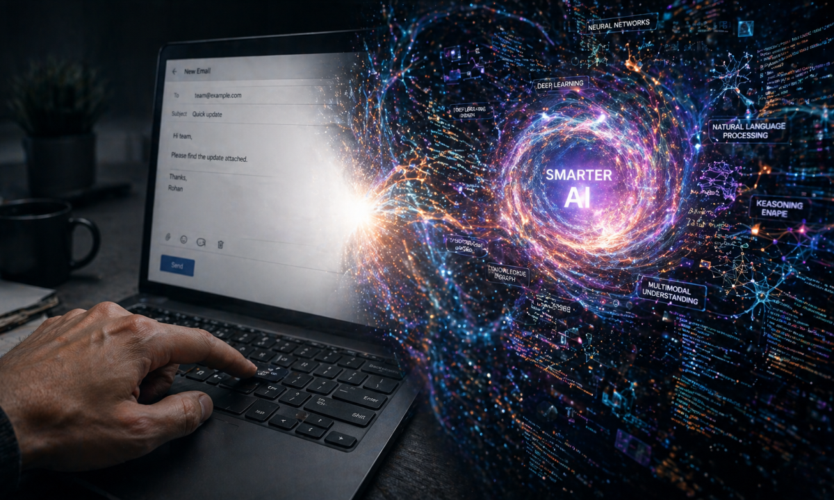 A cinematic image showing a vortex of the smartest AI power being wasted on a simple task like writing an email on a keyboard.