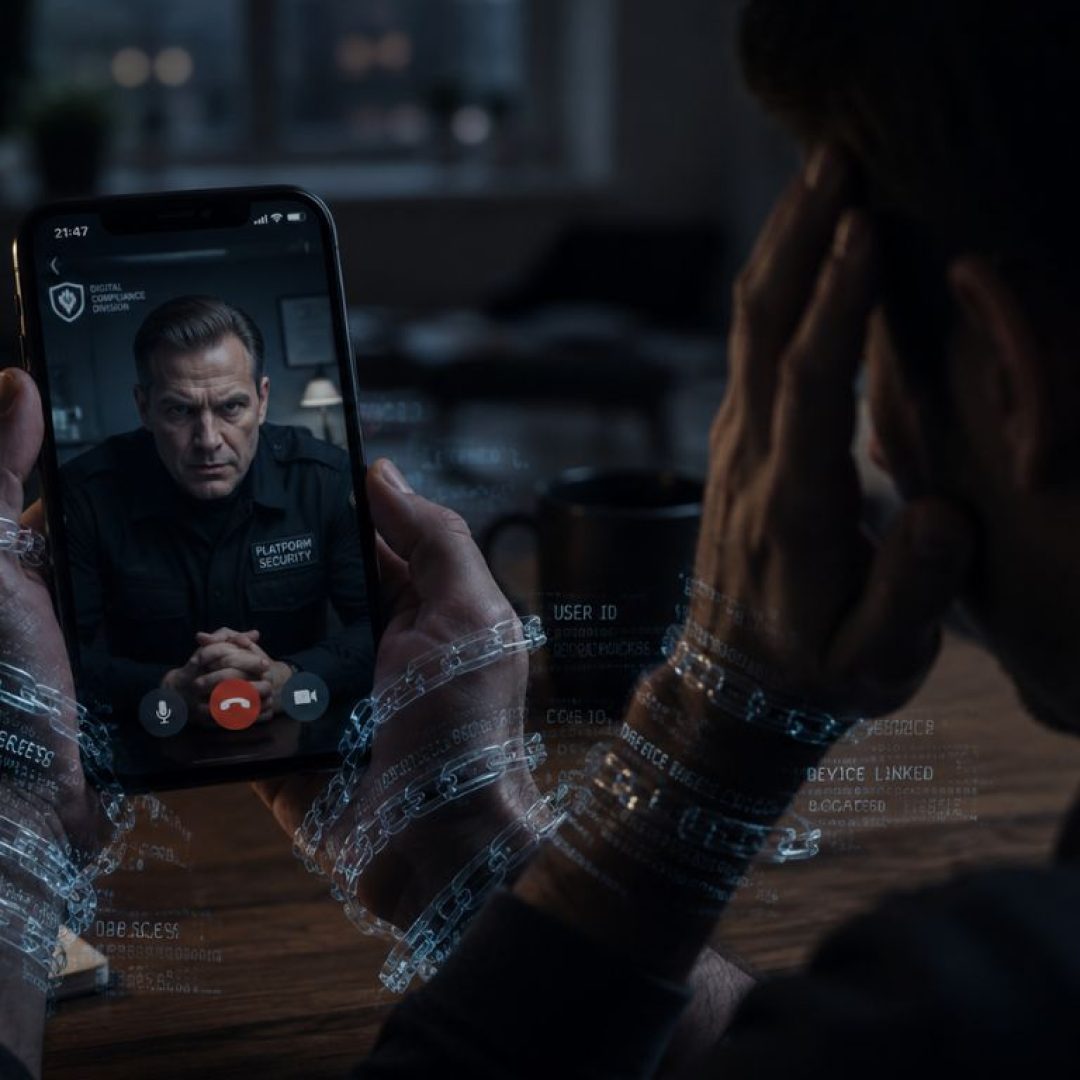 A cinematic illustration of a person trapped under continuous video surveillance, highlighting malicious social engineering tactics.