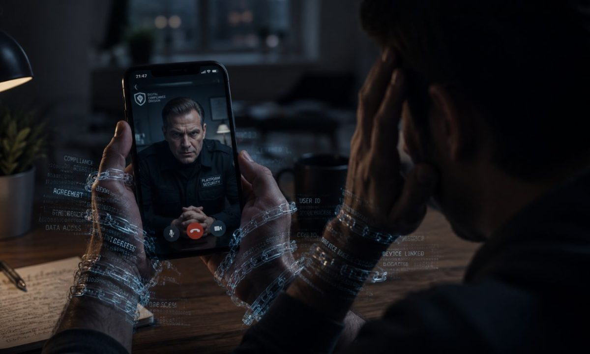 A cinematic illustration of a person trapped under continuous video surveillance, highlighting malicious social engineering tactics.