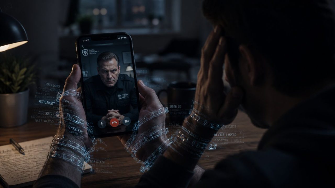A cinematic illustration of a person trapped under continuous video surveillance, highlighting malicious social engineering tactics.