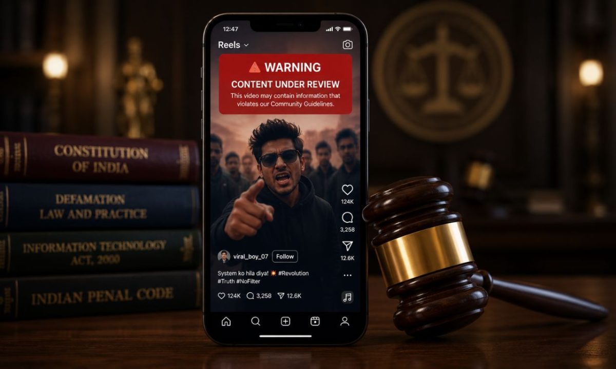 A modern smartphone showing a viral video interface resting next to a legal courtroom gavel, illustrating the realities of social media defamation in India.