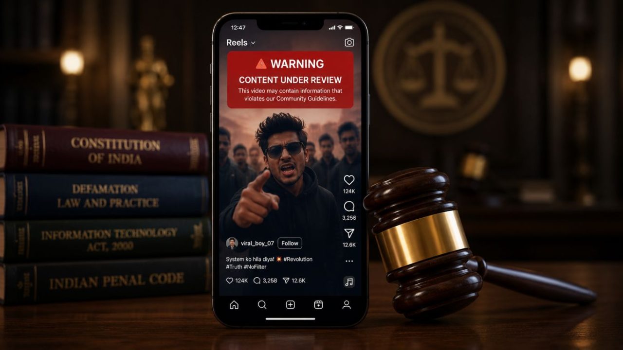 A modern smartphone showing a viral video interface resting next to a legal courtroom gavel, illustrating the realities of social media defamation in India.