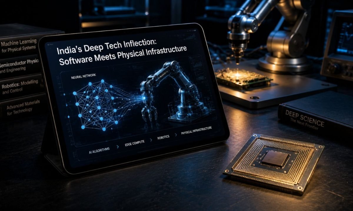 An ultra-modern tablet displaying an advanced robotics schematic next to a semiconductor microchip, demonstrating the rise of deeptech ecosystem in India.