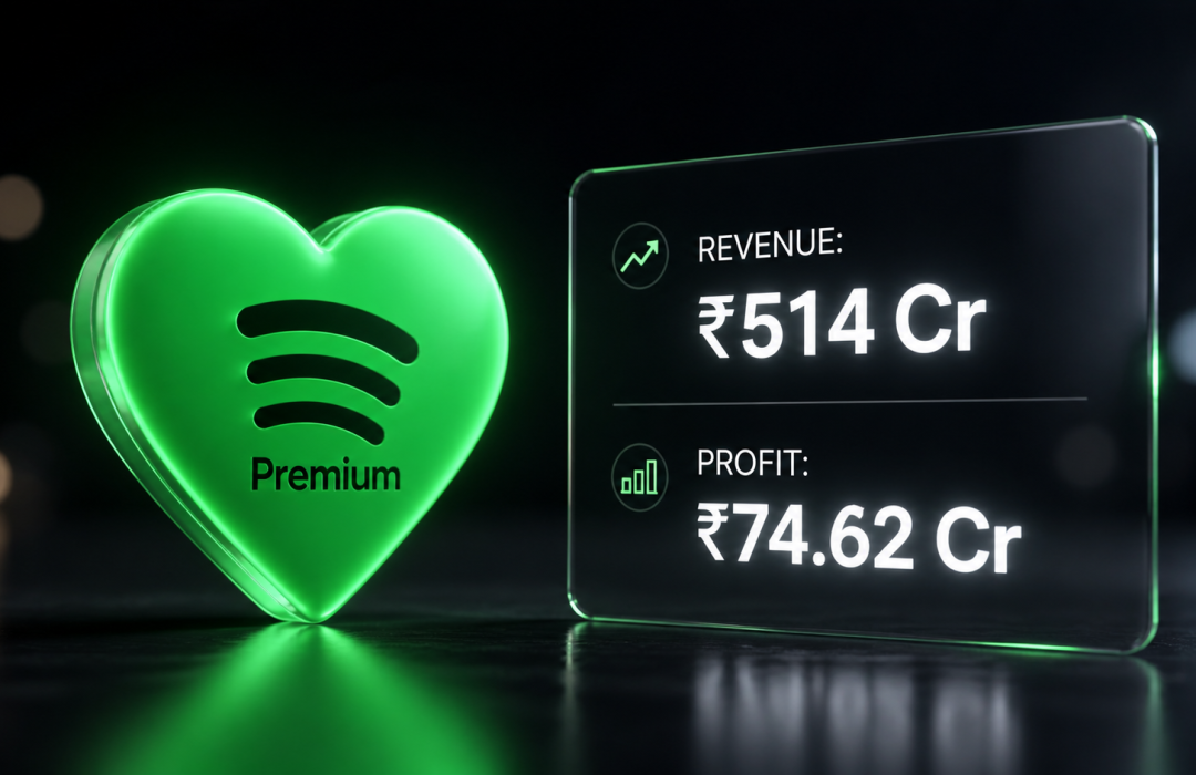 A 3D data visualization highlighting the growth of Spotify India revenue and its shift to profitability in 2026.