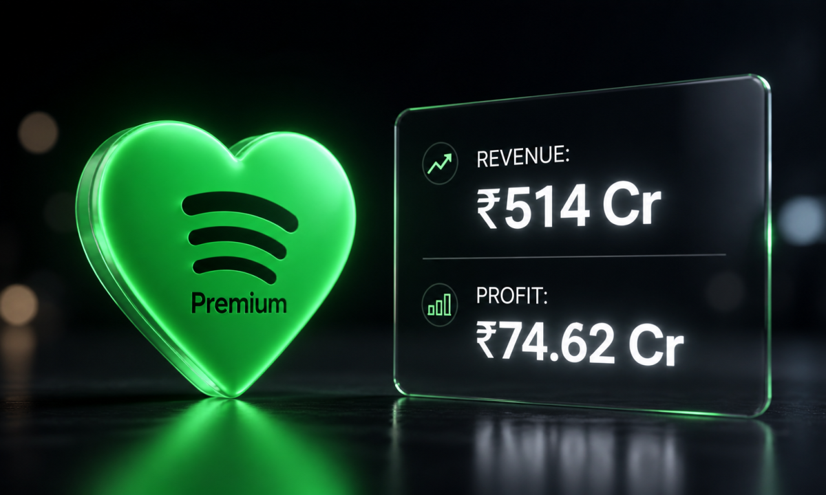 A 3D data visualization highlighting the growth of Spotify India revenue and its shift to profitability in 2026.