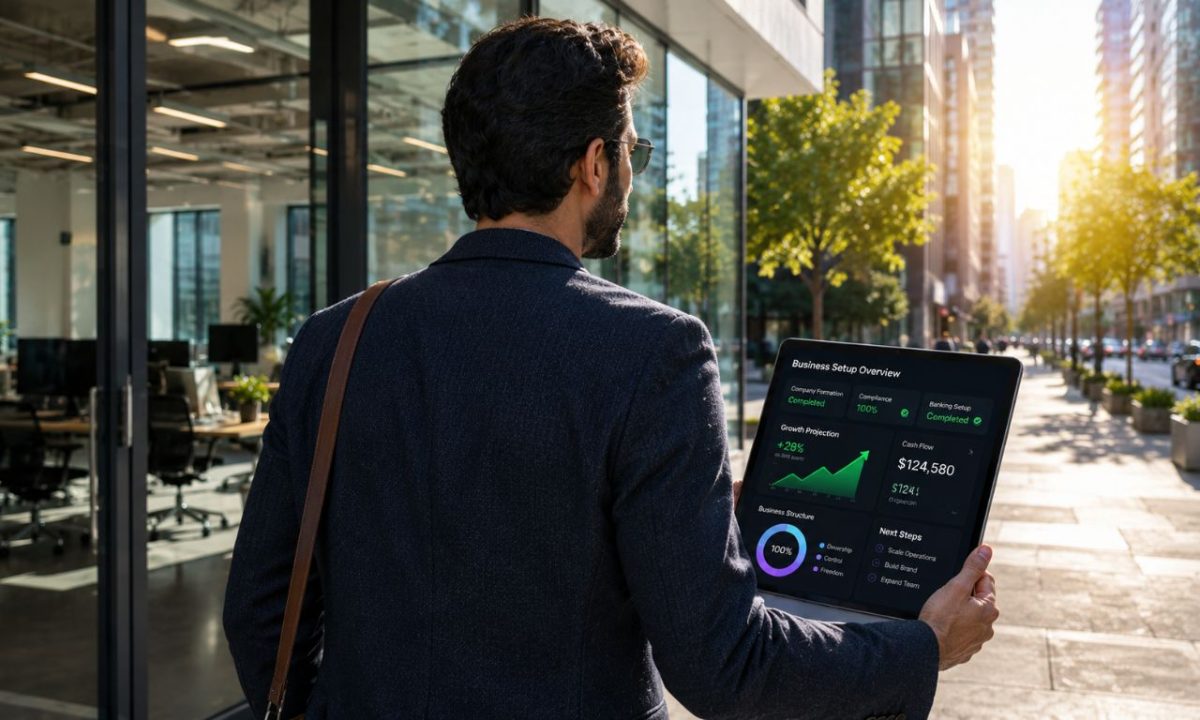 An executive walking away from a corporate office tower holding a tablet with startup growth charts, illustrating the leap from corporate to entrepreneurship.