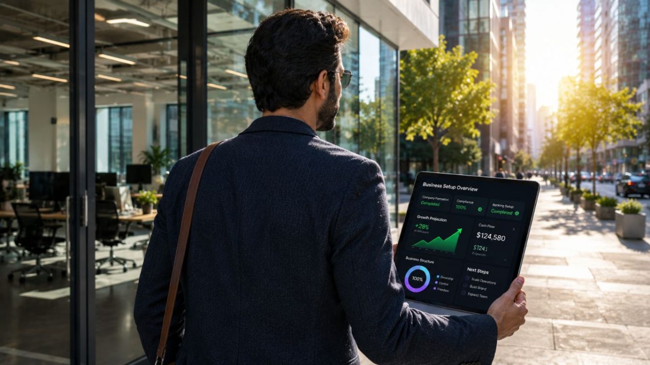 An executive walking away from a corporate office tower holding a tablet with startup growth charts, illustrating the leap from corporate to entrepreneurship.