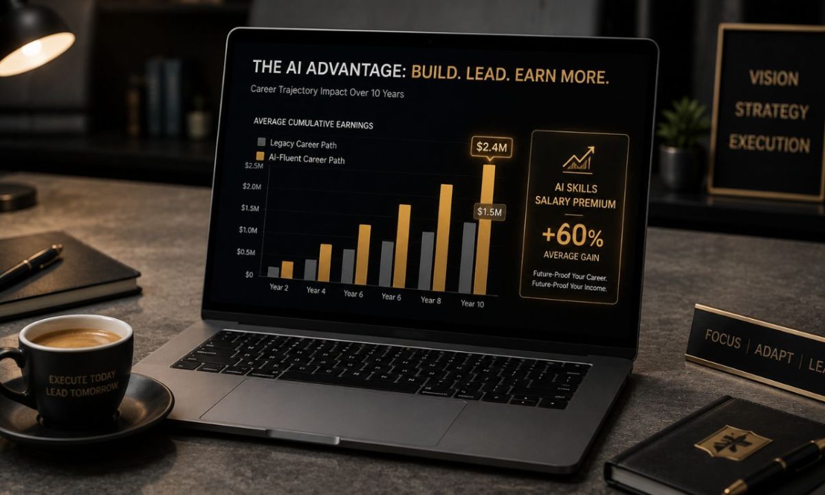 A sleek workspace laptop showing a career salary comparison chart highlighting the value of the AI skills salary premium.