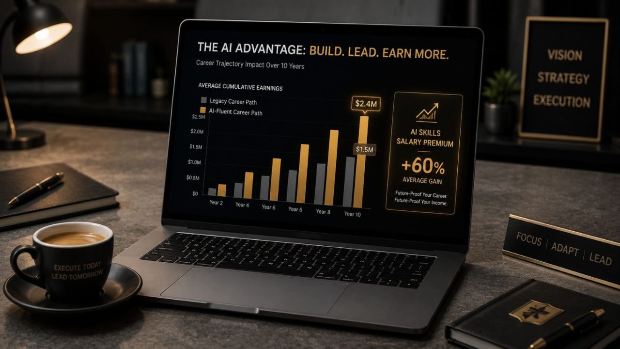A sleek workspace laptop showing a career salary comparison chart highlighting the value of the AI skills salary premium.