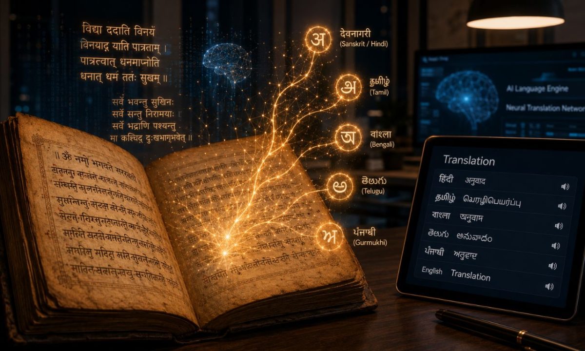 A glowing digital network connecting various scripts and alphabets representing the rich diversity of regional languages in India.