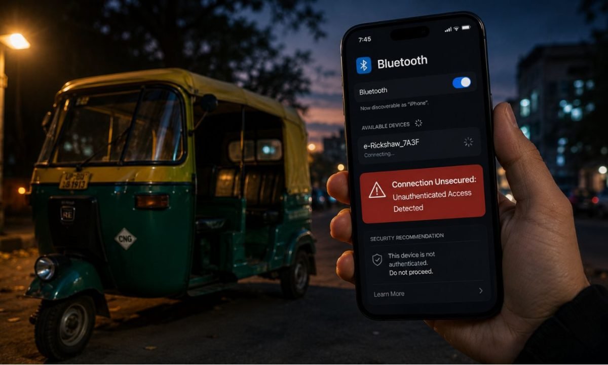 A smartphone showing an unsecured Bluetooth connection alert in front of a parked e-rickshaw, demonstrating the security gap targeted by the BAT-BMS app.