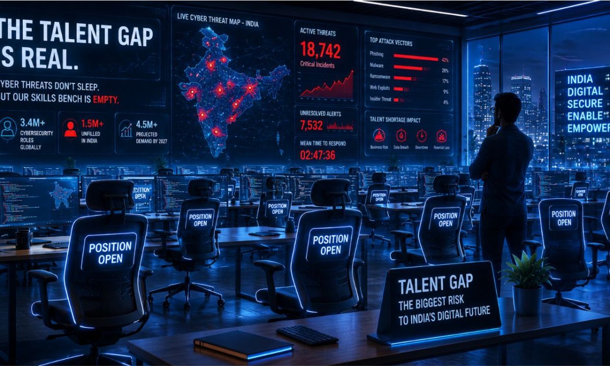 A corporate server room layout with rows of empty chairs highlighting the thousands of vacant cybersecurity jobs in India.