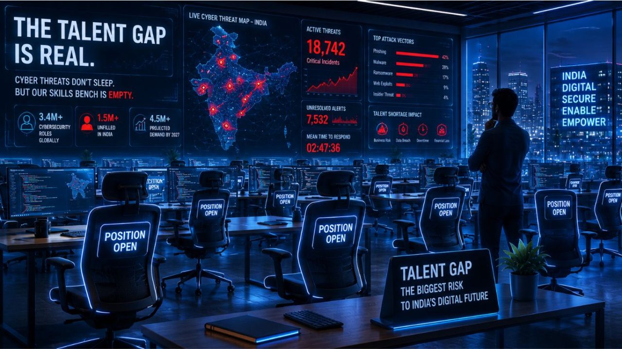 A corporate server room layout with rows of empty chairs highlighting the thousands of vacant cybersecurity jobs in India.