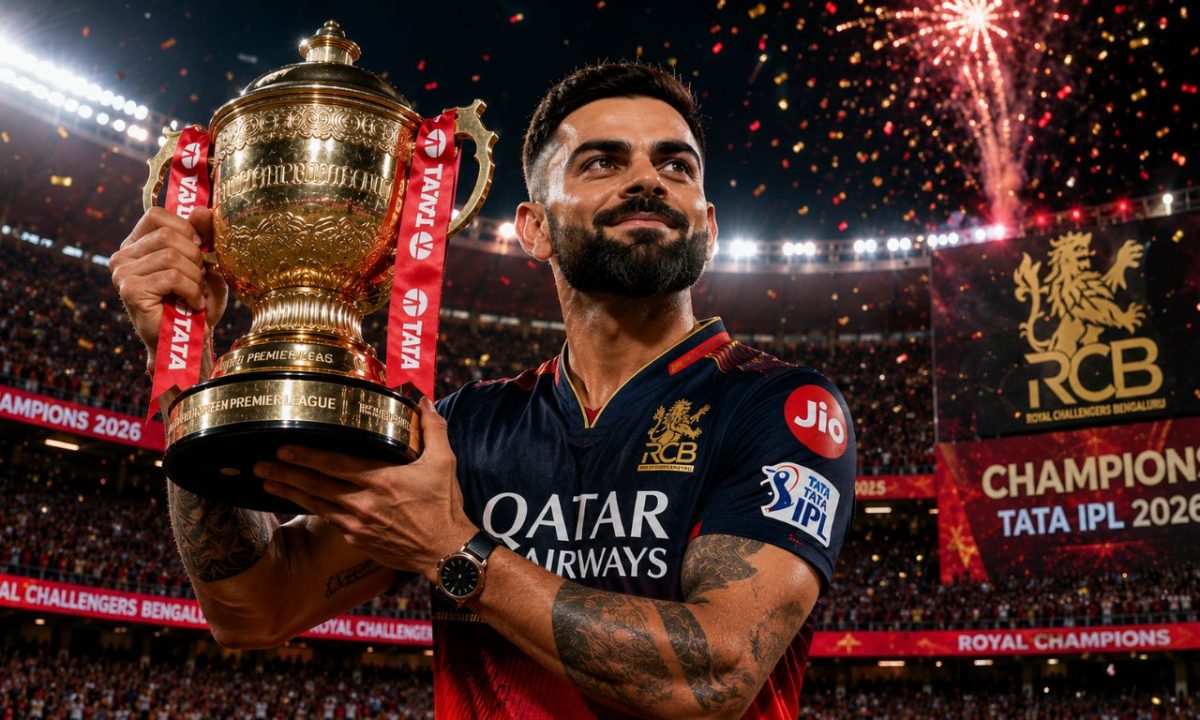 Virat Kohli RCB IPL Legacy cemented as he proudly lifts the IPL trophy in his Royal Challengers Bengaluru jersey, celebrating back-to-back title victories.