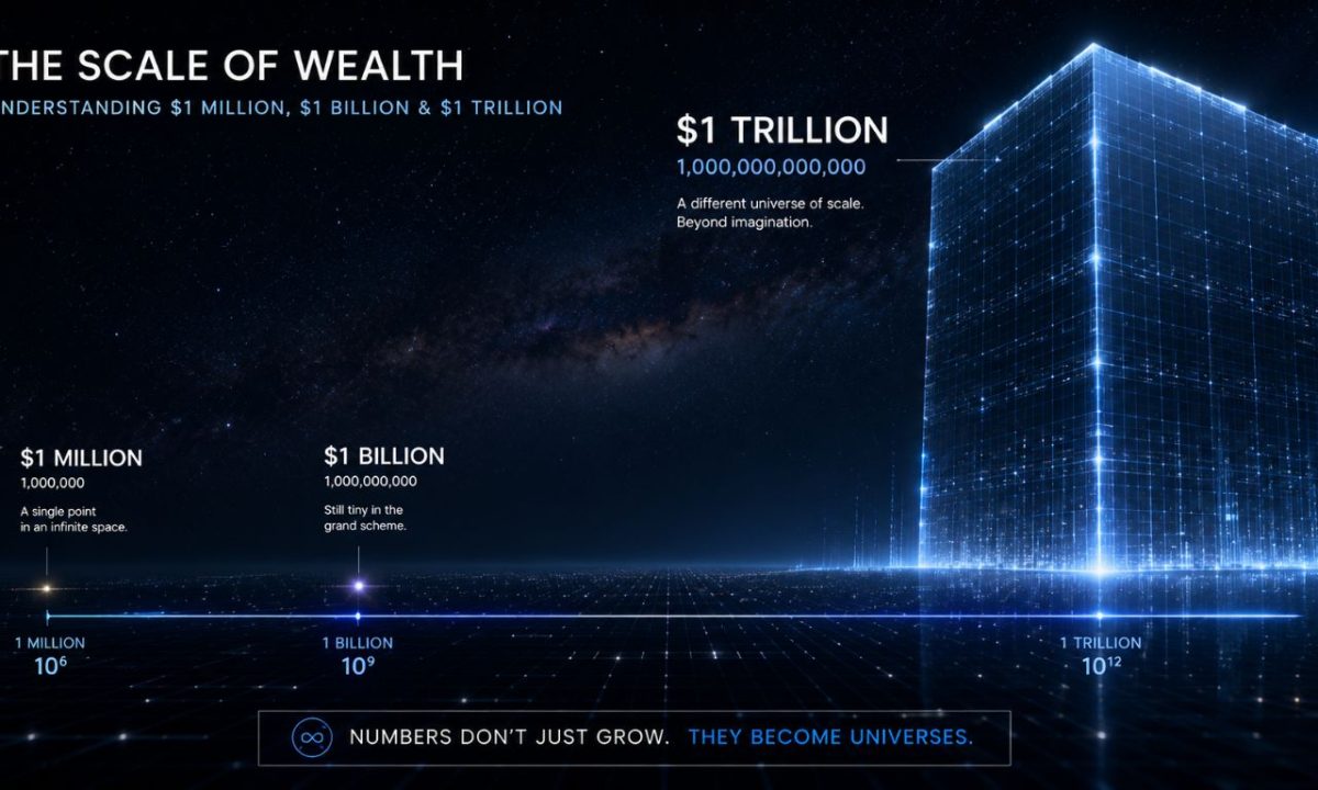 A clean, abstract digital graphic comparing million, billion, and trillion scales to illustrate exactly how much is a trillion dollars.