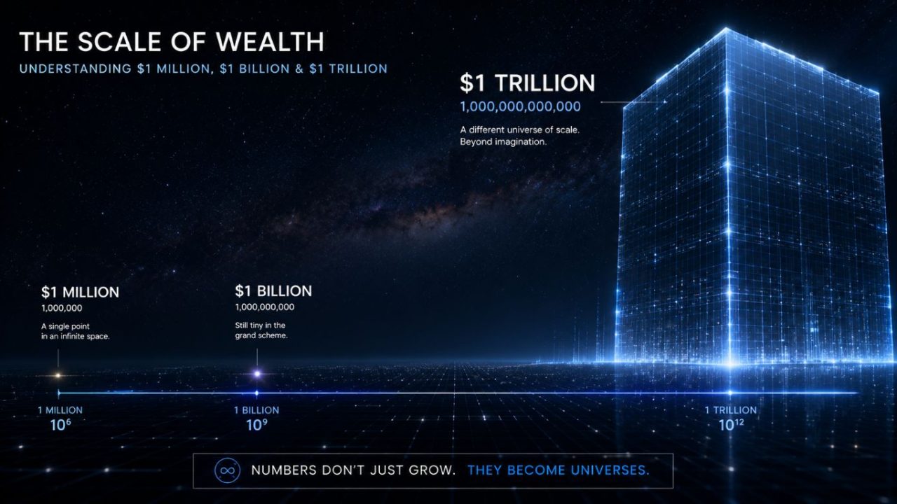 A clean, abstract digital graphic comparing million, billion, and trillion scales to illustrate exactly how much is a trillion dollars.