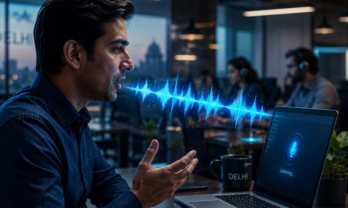 A professional leveraging voice AI productivity in a modern office environment.
