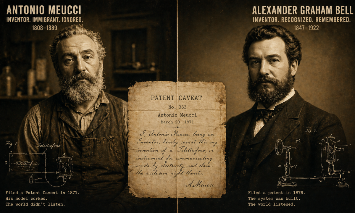 A vintage split-screen comparison investigating who invented the telephone between Antonio Meucci and Alexander Graham Bell.