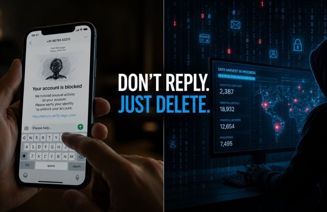A smartphone displaying a fraudulent message next to a digital background, illustrating why you shouldn't reply to scam texts to avoid giving away data.