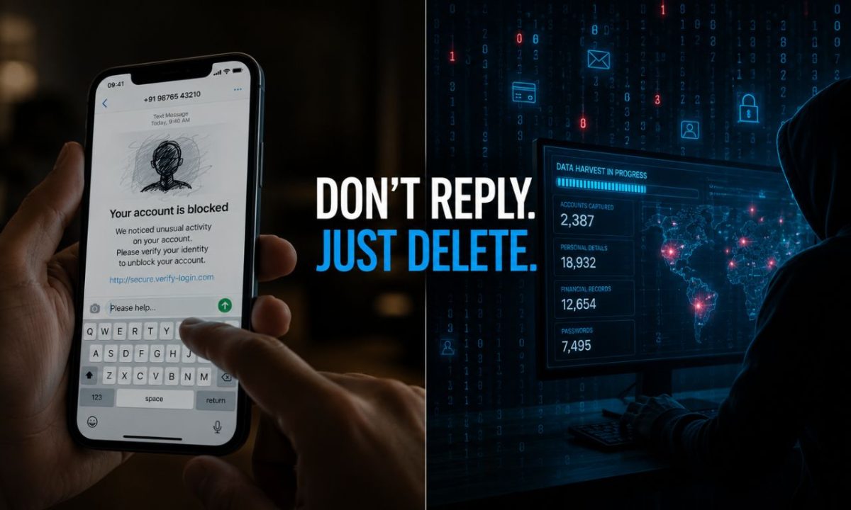 A smartphone displaying a fraudulent message next to a digital background, illustrating why you shouldn't reply to scam texts to avoid giving away data.