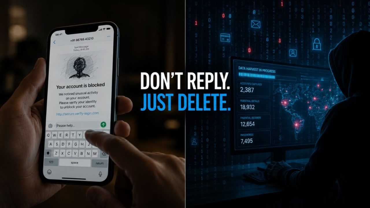 A smartphone displaying a fraudulent message next to a digital background, illustrating why you shouldn't reply to scam texts to avoid giving away data.