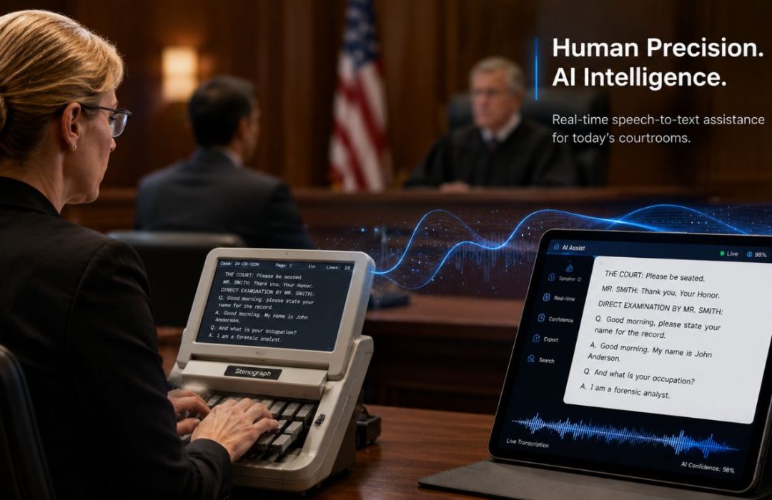 A professional stenographer working at a stenotype machine in a modern courtroom, illustrating the discussion on will ai replace court reporters with automated technology.