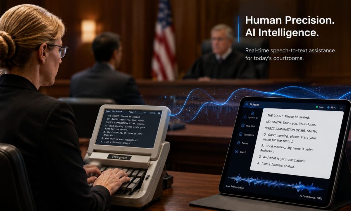 A professional stenographer working at a stenotype machine in a modern courtroom, illustrating the discussion on will ai replace court reporters with automated technology.