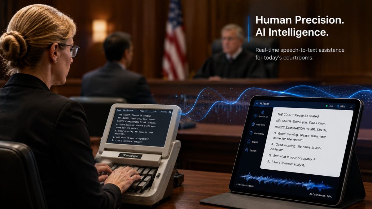 A professional stenographer working at a stenotype machine in a modern courtroom, illustrating the discussion on will ai replace court reporters with automated technology.